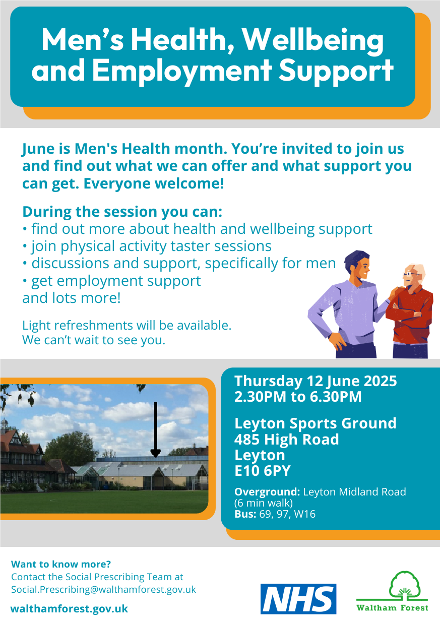 Men's Health, Wellbeing and Employment Support poster